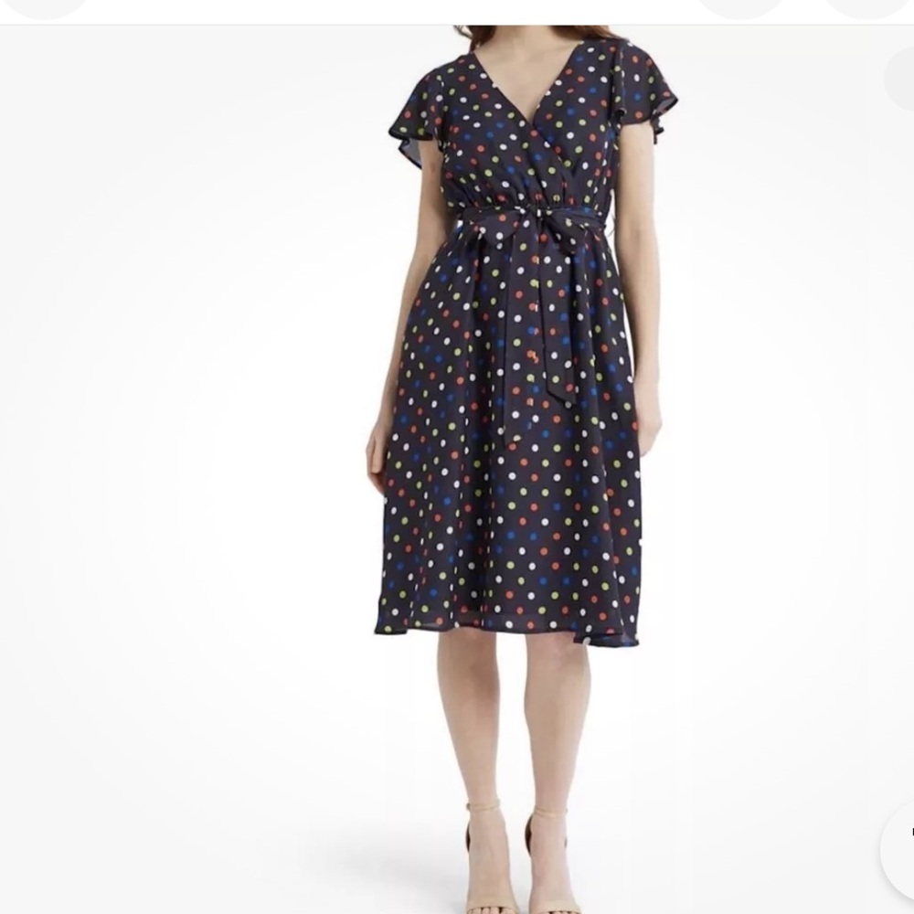 Mod cloth navy blue multi color polka dots midi dress vneck size XlArge